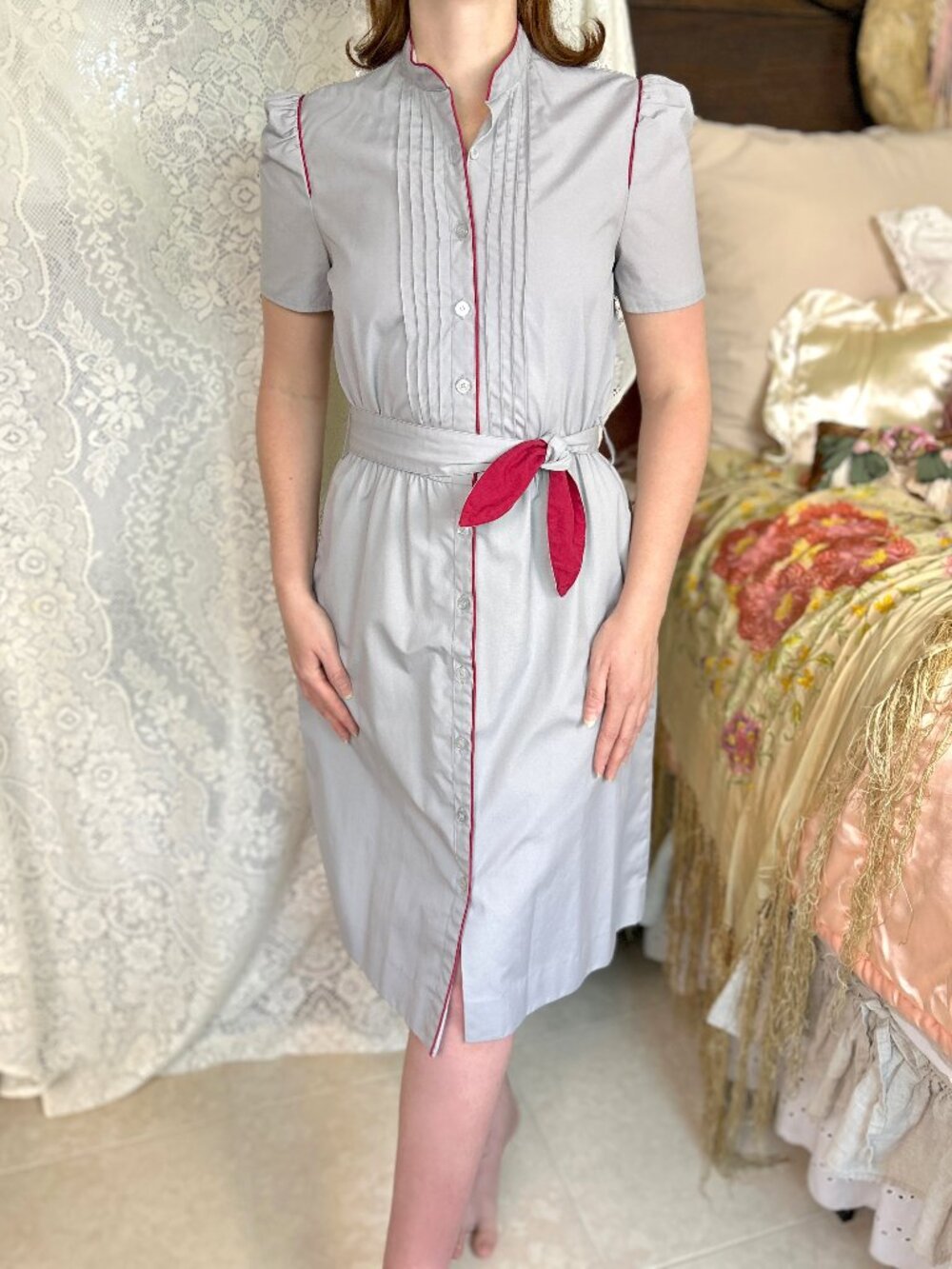 Vintage 80s Gray Shirtdress Burgundy Piping, Mandarin Collar, Puff Sleeve Midi